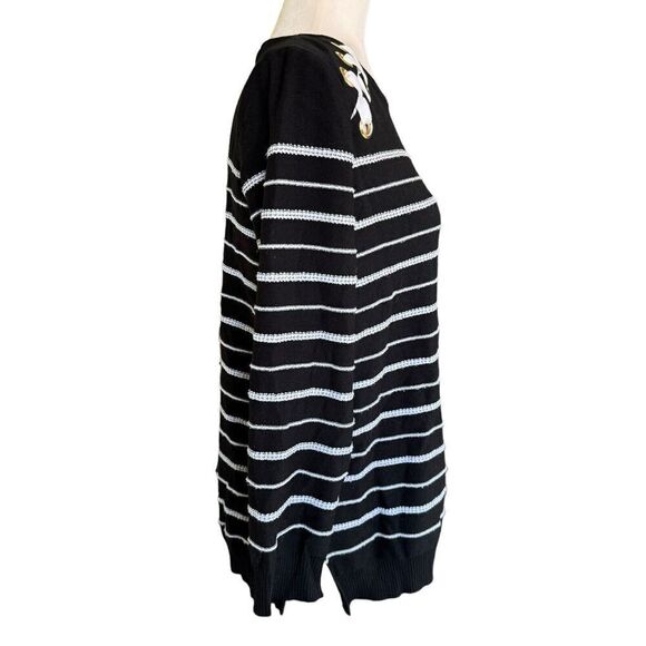 Ming Wang Women's Sweater Black White Stripes Lace Detail Petite Small - Picture 4 of 9